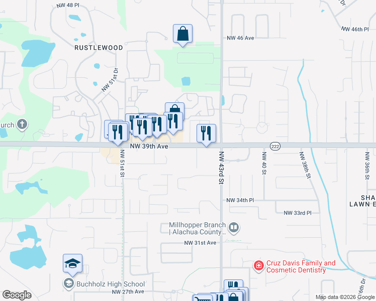 map of restaurants, bars, coffee shops, grocery stores, and more near 4551 Northwest 39th Avenue in Gainesville