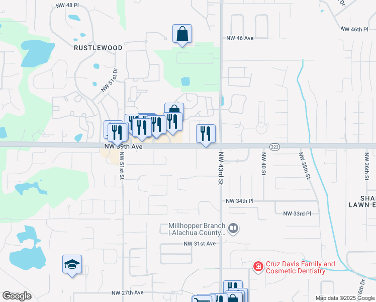 map of restaurants, bars, coffee shops, grocery stores, and more near 4551 Northwest 39th Avenue in Gainesville