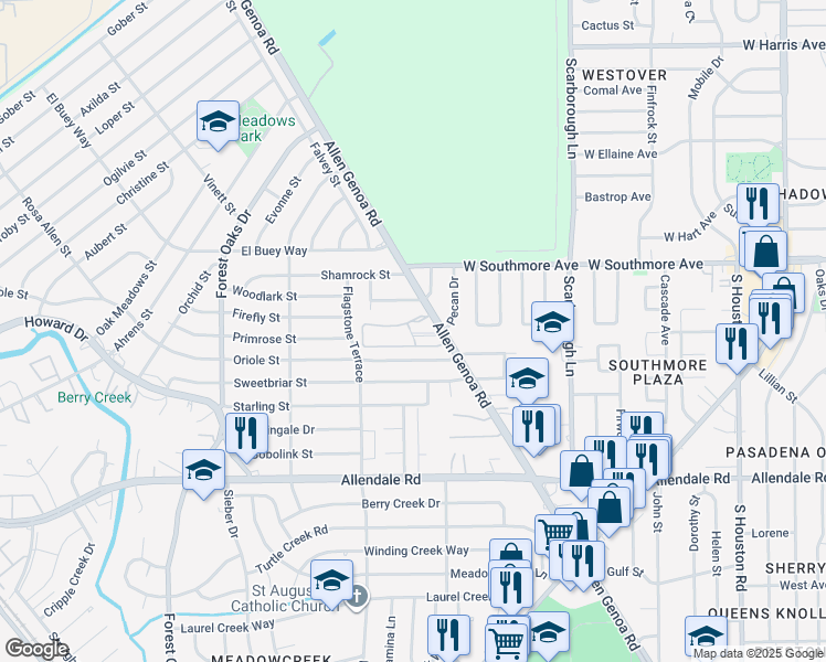 map of restaurants, bars, coffee shops, grocery stores, and more near 5715 Oriole Street in Houston