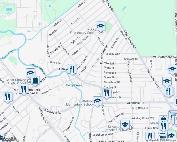 map of restaurants, bars, coffee shops, grocery stores, and more near 1310 Orchid Street in Houston