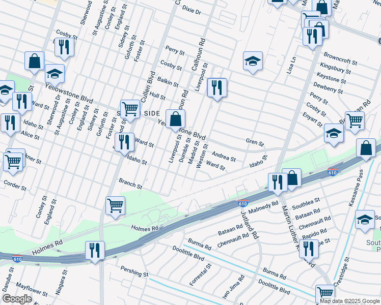 map of restaurants, bars, coffee shops, grocery stores, and more near 4802 Ward Street in Houston