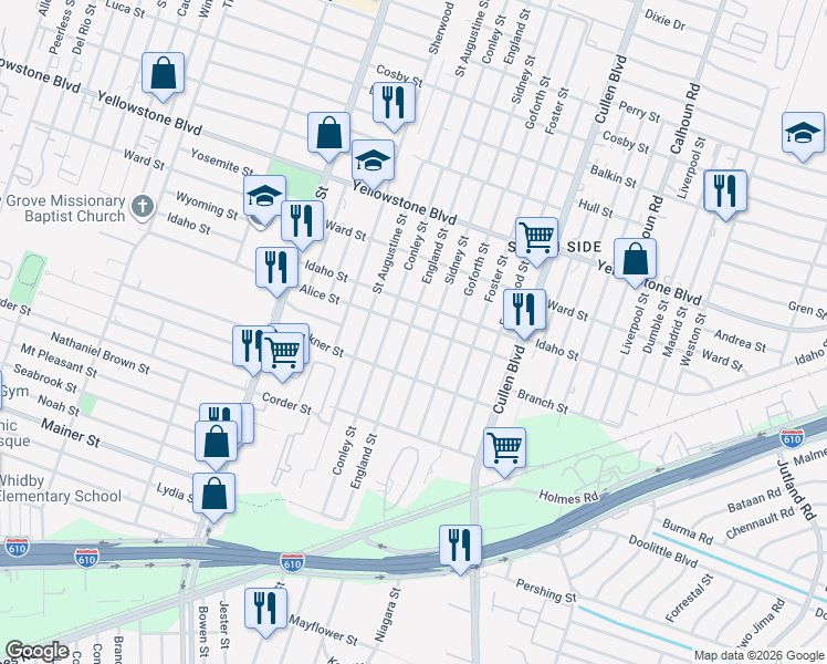 map of restaurants, bars, coffee shops, grocery stores, and more near 7006 Sidney Street in Houston