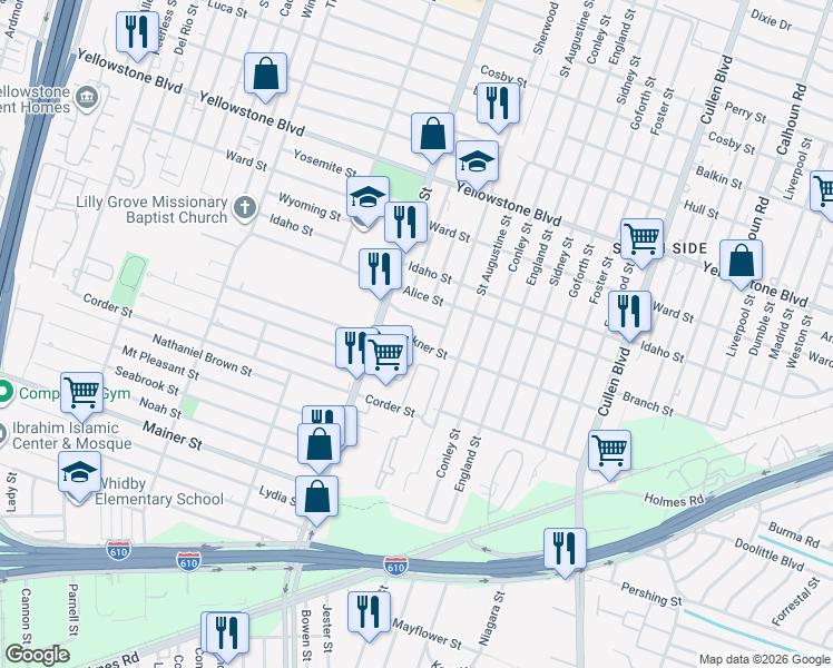map of restaurants, bars, coffee shops, grocery stores, and more near 3926 Faulkner Street in Houston
