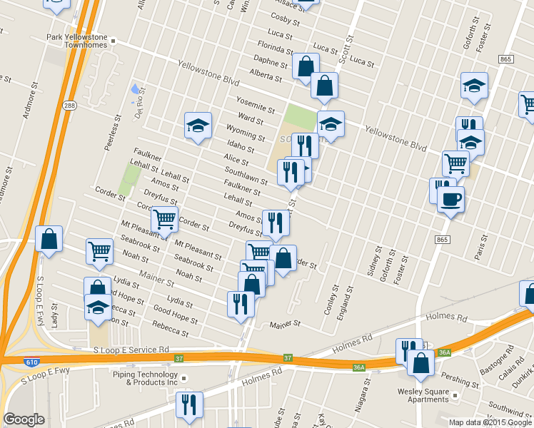 map of restaurants, bars, coffee shops, grocery stores, and more near 3815 Amos Street in Houston