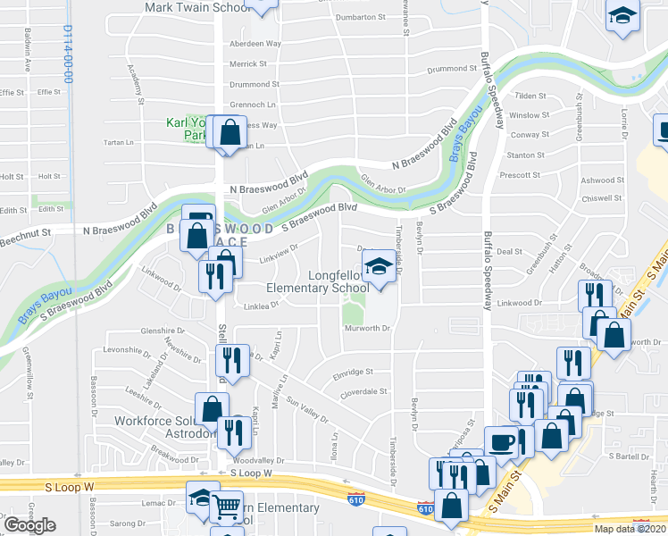map of restaurants, bars, coffee shops, grocery stores, and more near 8806 Ilona Lane in Houston