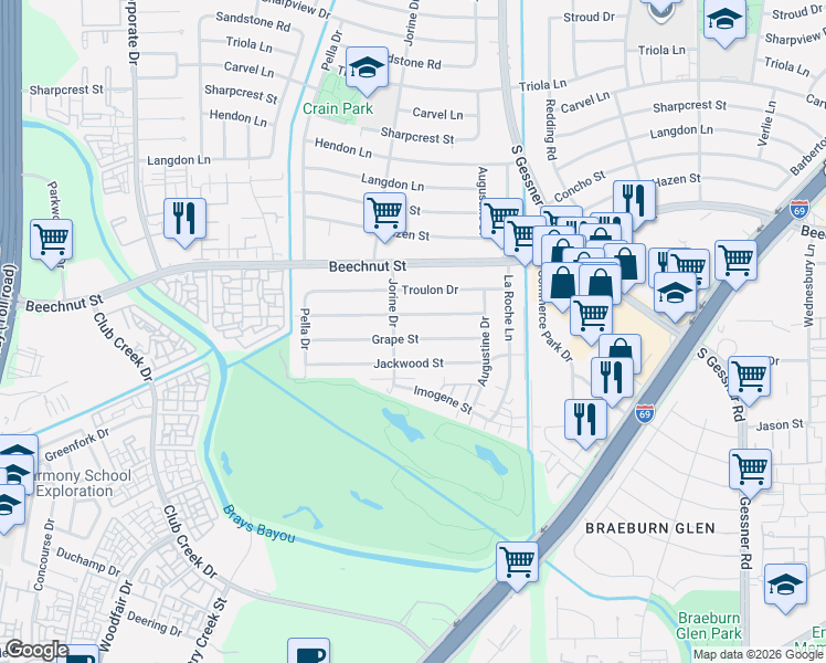 map of restaurants, bars, coffee shops, grocery stores, and more near 8911 Grape Street in Houston