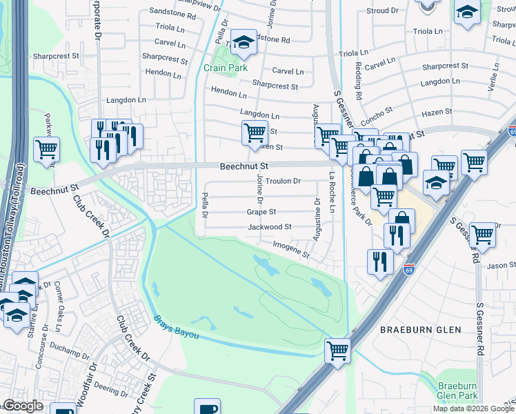 map of restaurants, bars, coffee shops, grocery stores, and more near 9007 Grape Street in Houston