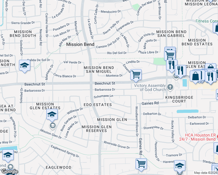 map of restaurants, bars, coffee shops, grocery stores, and more near 15619 Barbarossa Drive in Houston