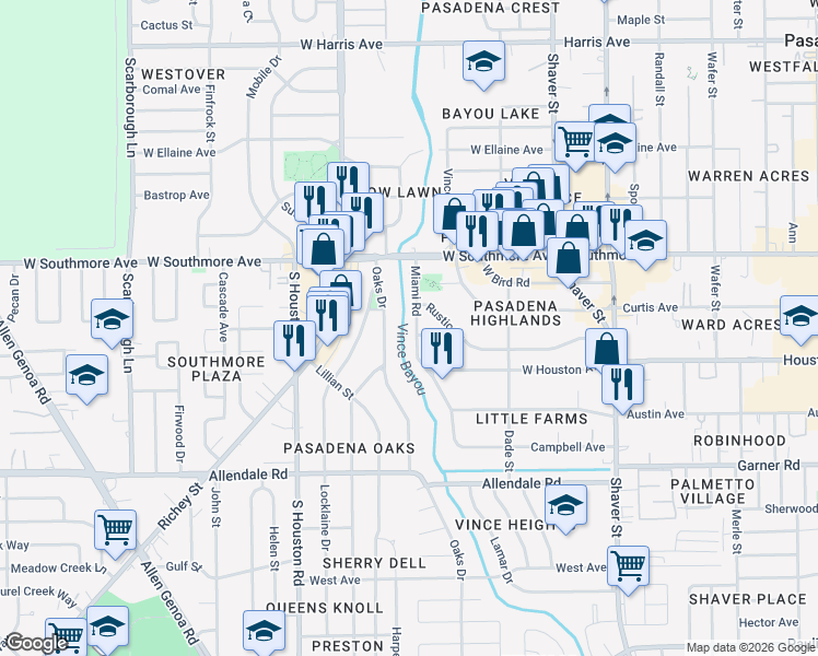 map of restaurants, bars, coffee shops, grocery stores, and more near 1510 Miami Road in Pasadena
