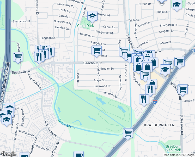 map of restaurants, bars, coffee shops, grocery stores, and more near 9007 Grape Street in Houston