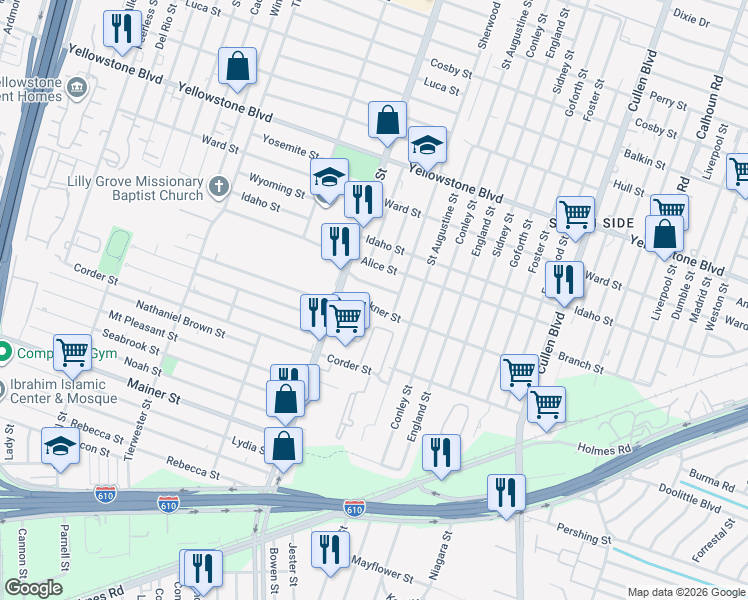 map of restaurants, bars, coffee shops, grocery stores, and more near 3926 Faulkner Street in Houston