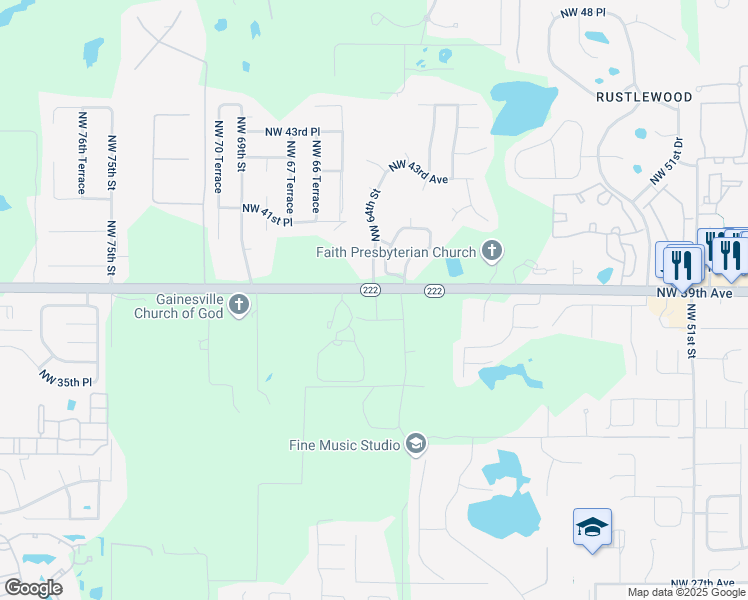 map of restaurants, bars, coffee shops, grocery stores, and more near 6350 Northwest 39th Avenue in Gainesville
