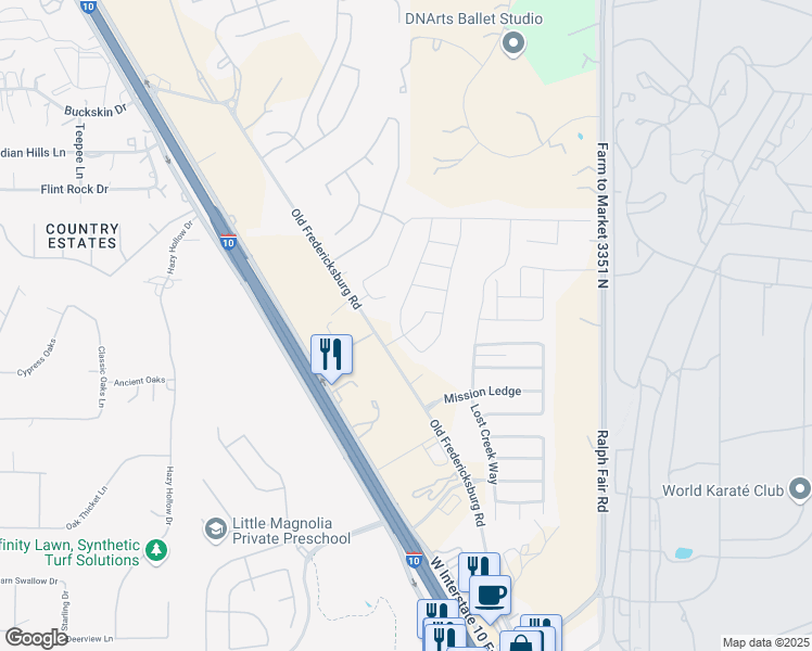 map of restaurants, bars, coffee shops, grocery stores, and more near 21527 Los Mirasoles in Boerne