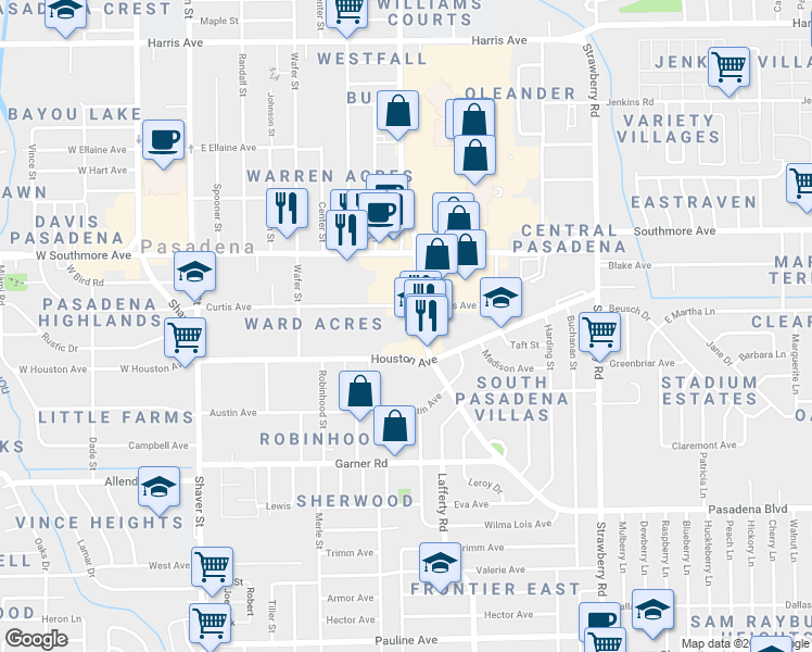 map of restaurants, bars, coffee shops, grocery stores, and more near 1600 Pasadena Boulevard in Pasadena