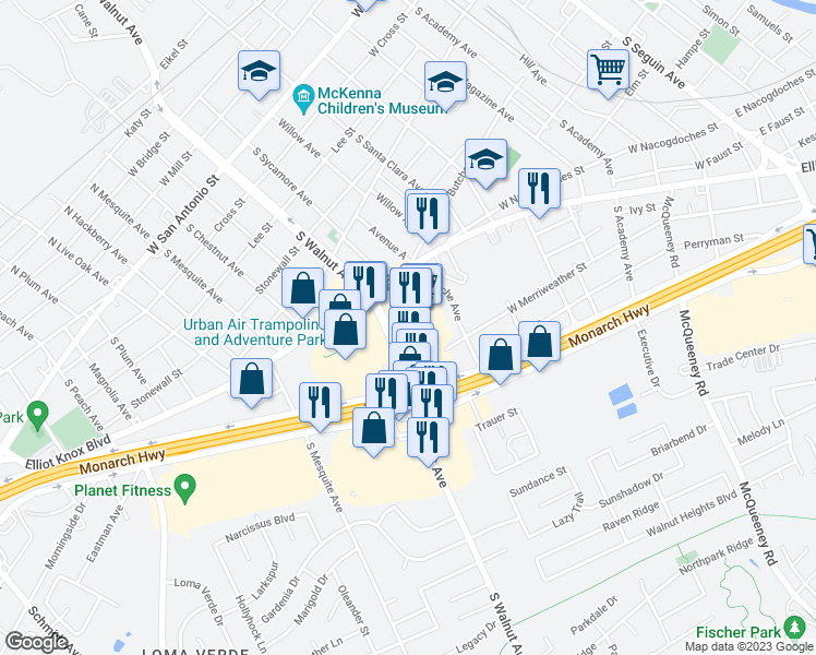 map of restaurants, bars, coffee shops, grocery stores, and more near 651 South Walnut Avenue in New Braunfels