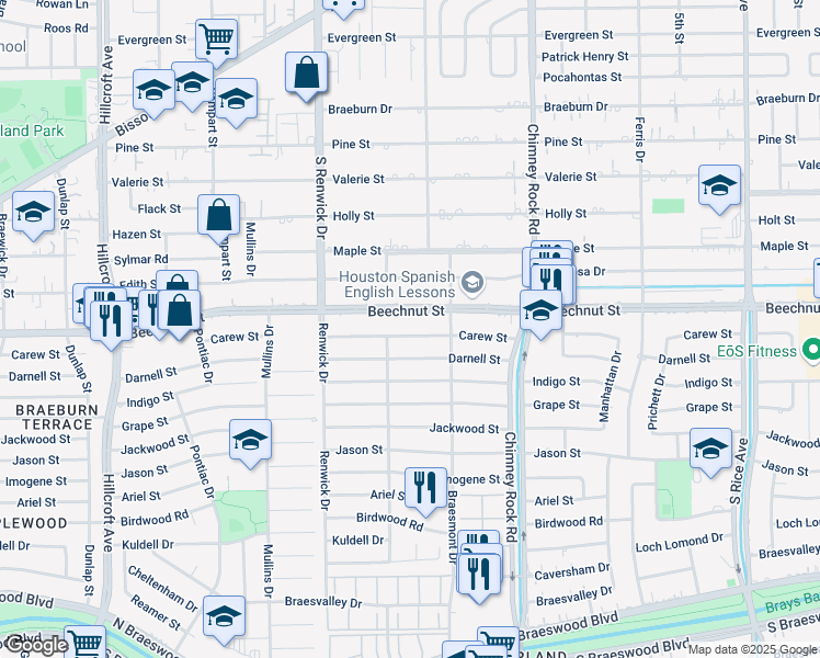 map of restaurants, bars, coffee shops, grocery stores, and more near 5427 Carew Street in Houston