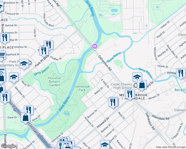 map of restaurants, bars, coffee shops, grocery stores, and more near 8535 Chalcos Drive in Houston
