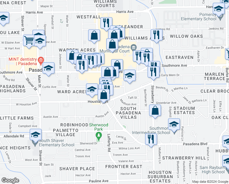 map of restaurants, bars, coffee shops, grocery stores, and more near 1637 Pasadena Boulevard in Pasadena