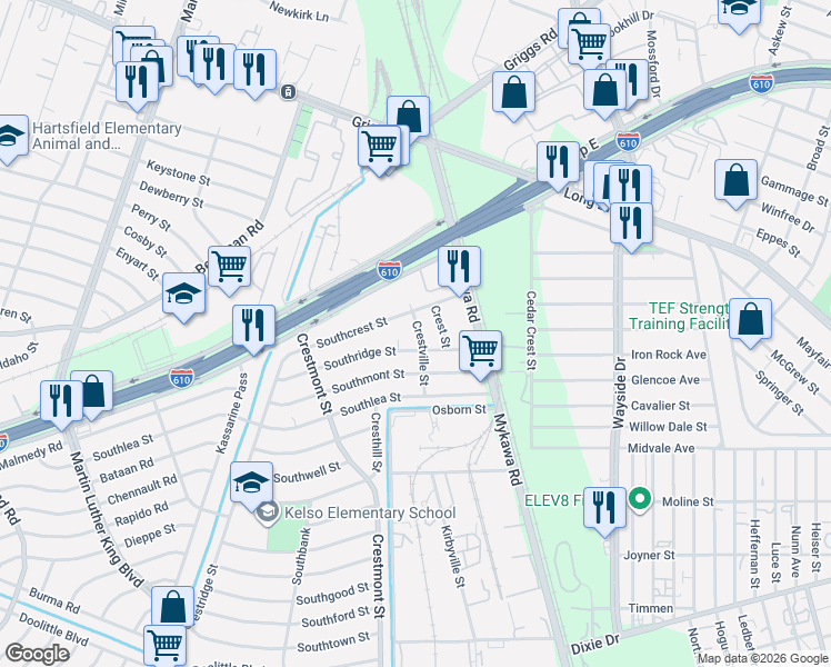 map of restaurants, bars, coffee shops, grocery stores, and more near 5971 Southridge Street in Houston