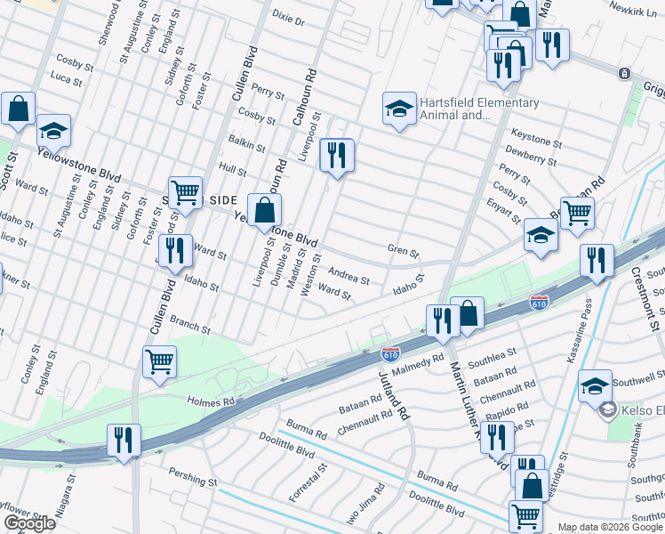 map of restaurants, bars, coffee shops, grocery stores, and more near 4926 Andrea Street in Houston