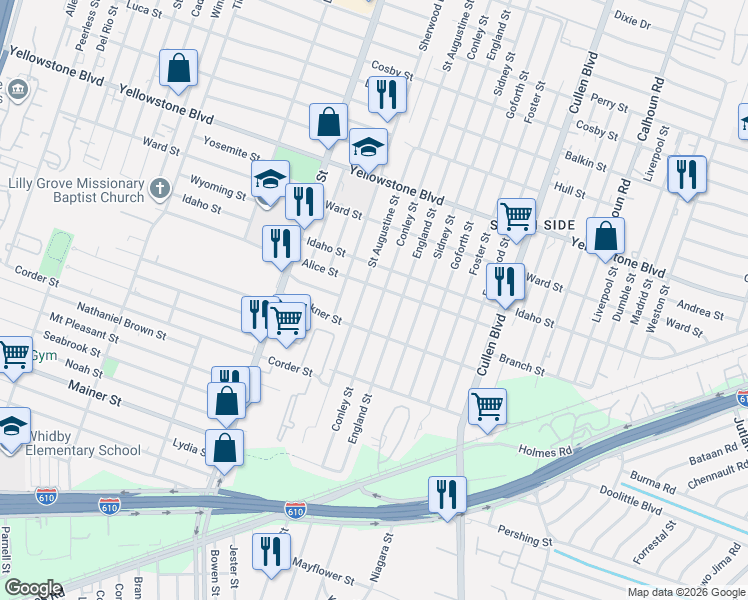map of restaurants, bars, coffee shops, grocery stores, and more near 7020 Conley Street in Houston