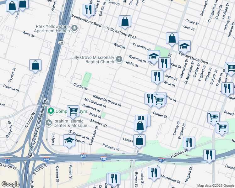 map of restaurants, bars, coffee shops, grocery stores, and more near 3702 Dreyfus Street in Houston