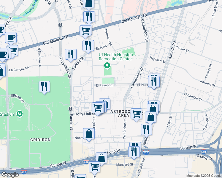 map of restaurants, bars, coffee shops, grocery stores, and more near 8282 Cambridge Street in Houston
