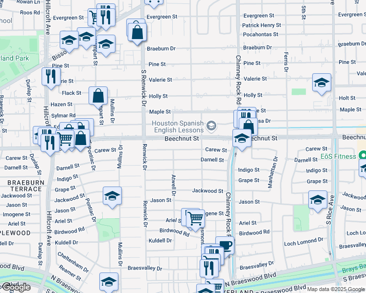 map of restaurants, bars, coffee shops, grocery stores, and more near 5427 Carew Street in Houston