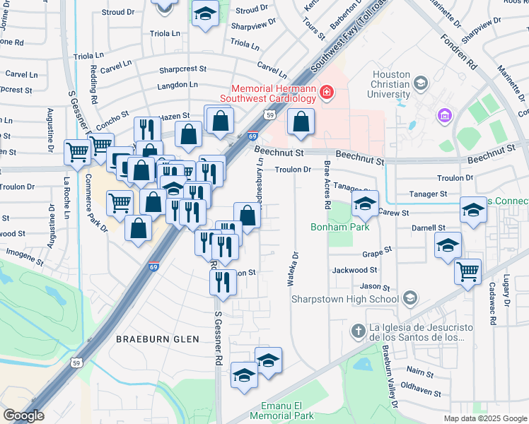 map of restaurants, bars, coffee shops, grocery stores, and more near 8305 Wednesbury Lane in Houston
