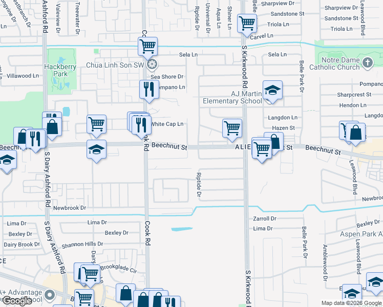 map of restaurants, bars, coffee shops, grocery stores, and more near 12111 Troulon Drive in Houston