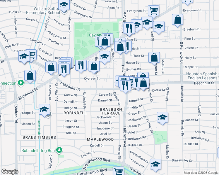 map of restaurants, bars, coffee shops, grocery stores, and more near 5801 Beechnut Street in Houston