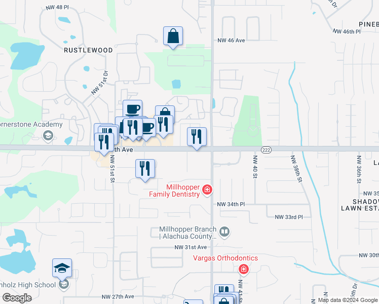 map of restaurants, bars, coffee shops, grocery stores, and more near 3823 Northwest 45th Street in Gainesville
