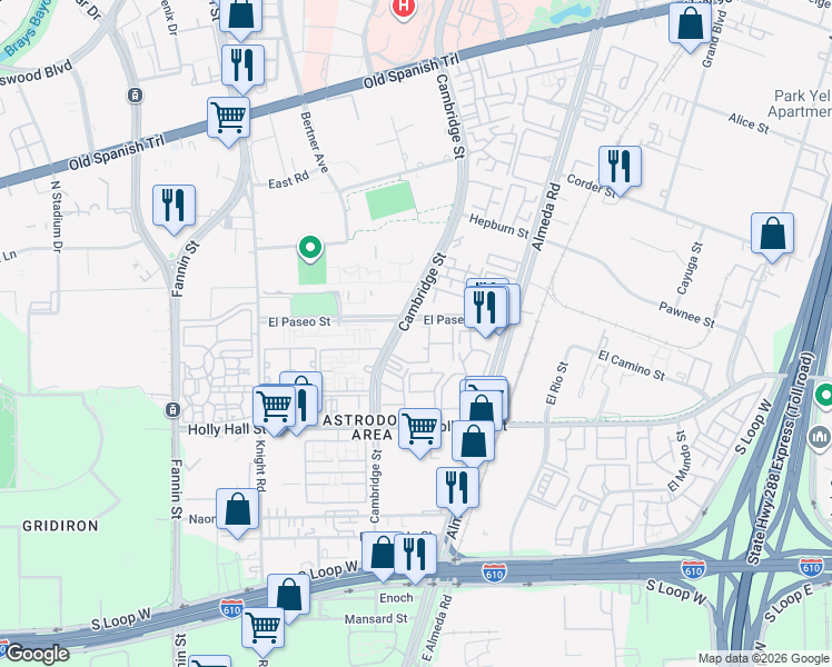 map of restaurants, bars, coffee shops, grocery stores, and more near 8100 Cambridge Street in Houston