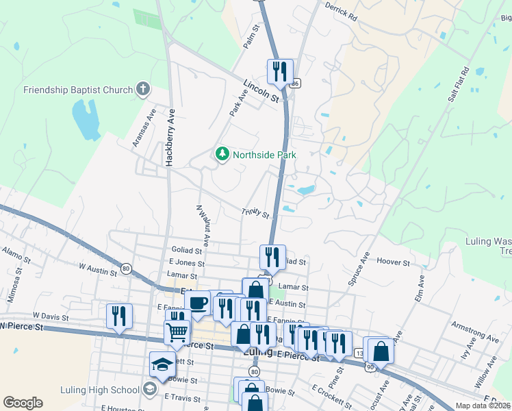 map of restaurants, bars, coffee shops, grocery stores, and more near 511 Trinity Street in Luling