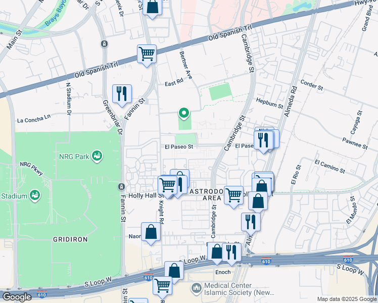 map of restaurants, bars, coffee shops, grocery stores, and more near 1800 El Paseo Street in Houston