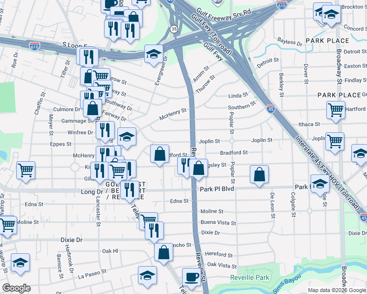 map of restaurants, bars, coffee shops, grocery stores, and more near 7517 Bradford Street in Houston