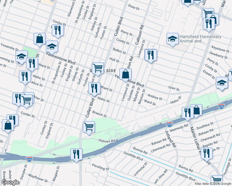 map of restaurants, bars, coffee shops, grocery stores, and more near 6809 Calhoun Road in Houston