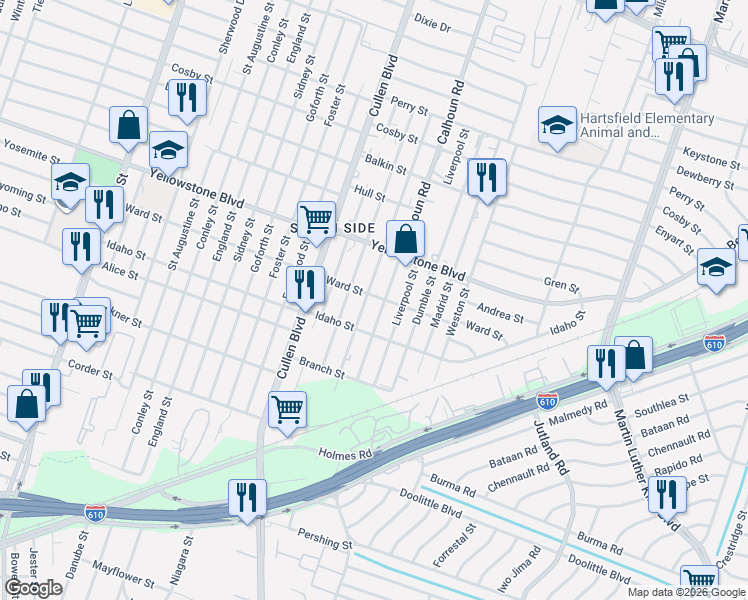 map of restaurants, bars, coffee shops, grocery stores, and more near 6809 Calhoun Road in Houston