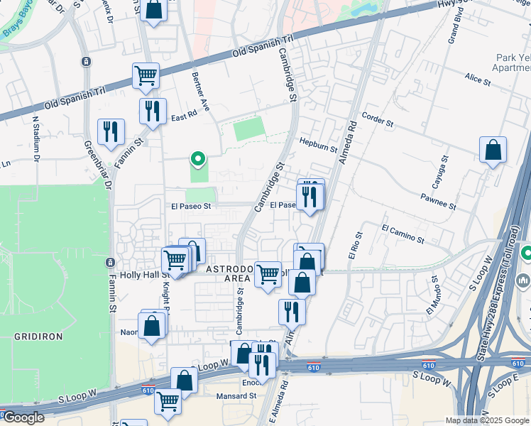 map of restaurants, bars, coffee shops, grocery stores, and more near 8100 Cambridge Street in Houston