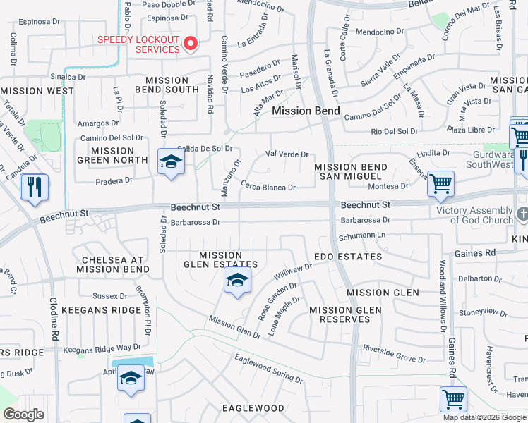 map of restaurants, bars, coffee shops, grocery stores, and more near 15946 Barbarossa Drive in Houston