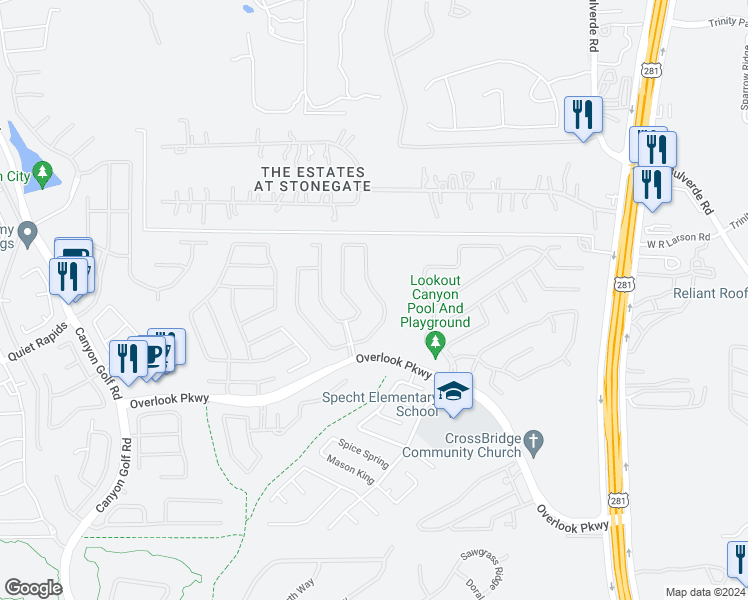 map of restaurants, bars, coffee shops, grocery stores, and more near 26107 Lookout Falls in San Antonio