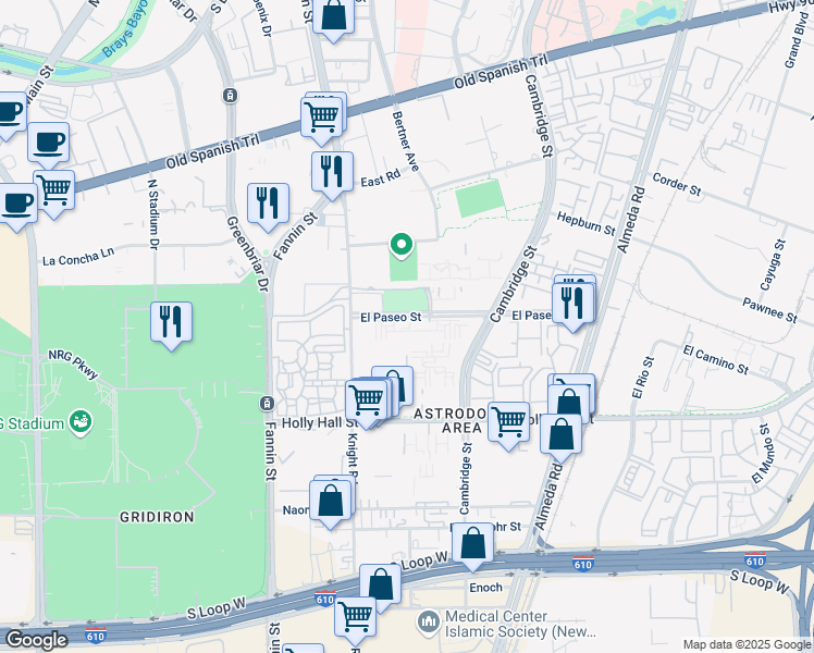 map of restaurants, bars, coffee shops, grocery stores, and more near 1800 El Paseo Street in Houston
