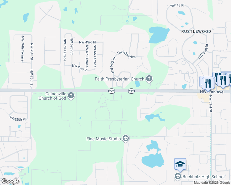 map of restaurants, bars, coffee shops, grocery stores, and more near 3817 Northwest 63 Street in Gainesville