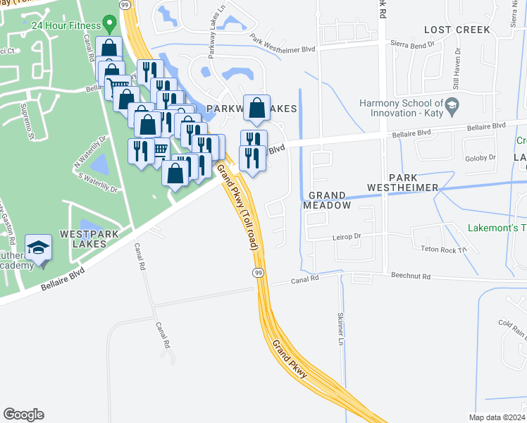 map of restaurants, bars, coffee shops, grocery stores, and more near 6715 Morning Glory Trace in Richmond