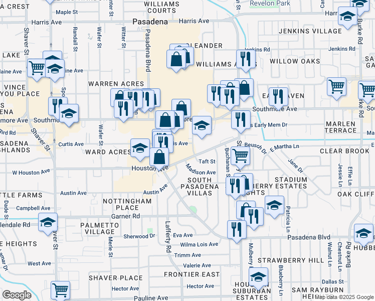 map of restaurants, bars, coffee shops, grocery stores, and more near 1114 Jeff Ginn Memorial Drive in Pasadena