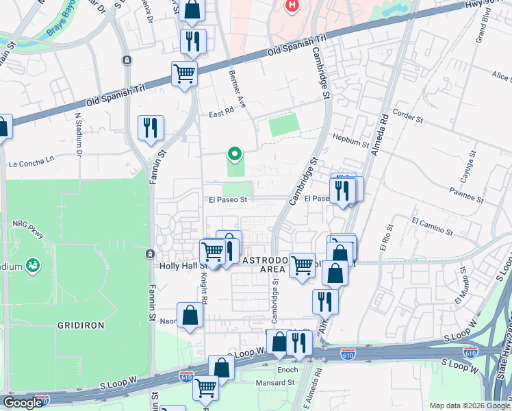 map of restaurants, bars, coffee shops, grocery stores, and more near 1800 El Paseo Street in Houston