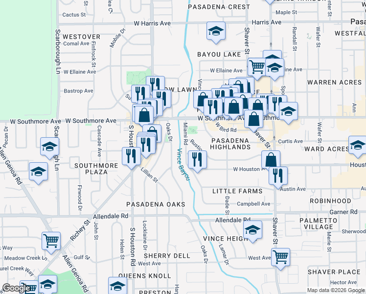 map of restaurants, bars, coffee shops, grocery stores, and more near 1510 Miami Road in Pasadena