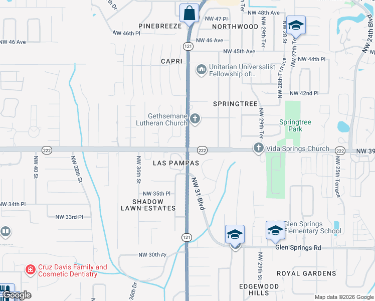 map of restaurants, bars, coffee shops, grocery stores, and more near Northwest 39th Avenue & Northwest 34th Street in Gainesville