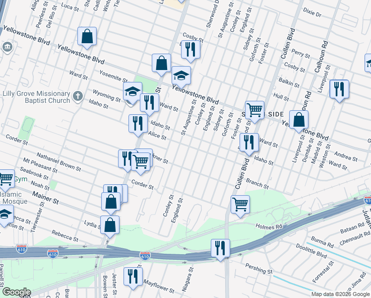 map of restaurants, bars, coffee shops, grocery stores, and more near 7020 Conley Street in Houston