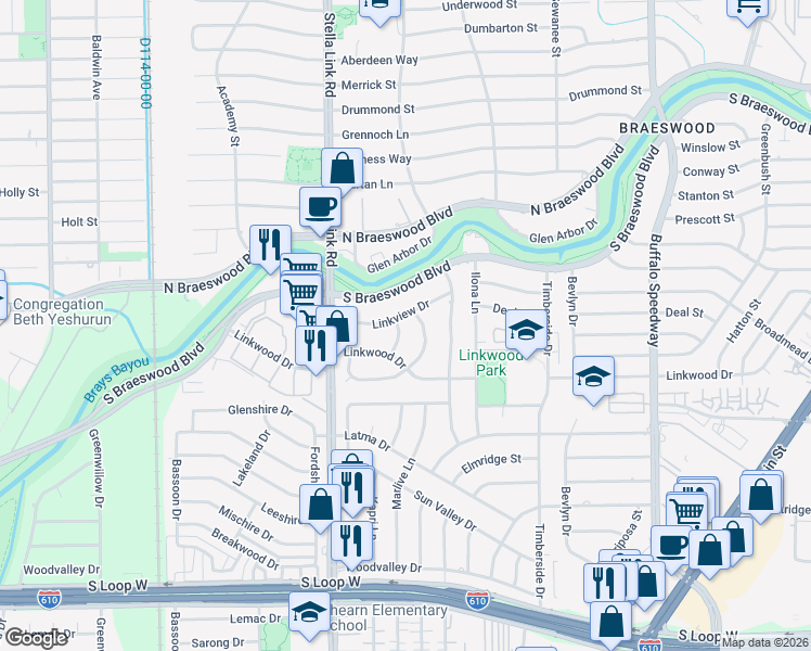 map of restaurants, bars, coffee shops, grocery stores, and more near 8718 Linkfair Lane in Houston